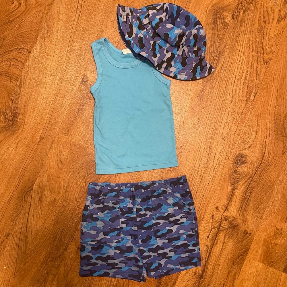 Blue Camo Tank Top and Shorts Set with Hat